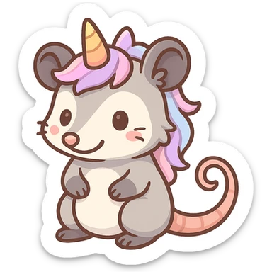 cute cartoon possum dressed up like a unicorn, chibi stickers style sticker