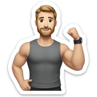 Full height Actively gesturing  with hands Pale skinned Fit Man With the biceps and brown hair in dark gray Sleeveless Mike, black oversize sports shorts, watch and white Sneakers sticker