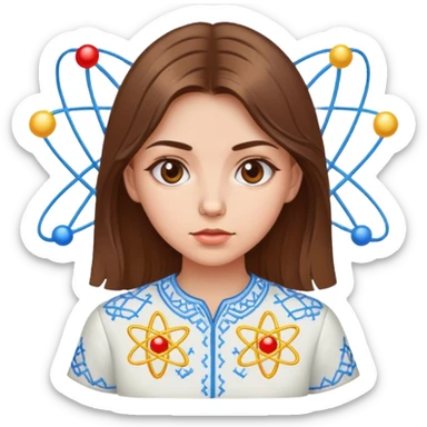 a Ukrainian girl with brown hair in an embroidered shirt and an atom sticker