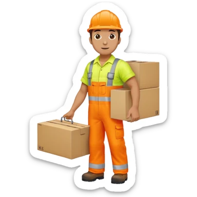 man standing sideways, wearing orange hi visibility overalls, carrying a box sticker