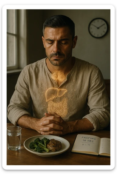 A cinematic close-up of a focused man in his mid-30s with slight beard and tired but determined eyes, sitting alone at a simple wooden table with an untouched plate of food in front of him. His hands are clasped, fingers interlocked in a meditative position over his lower abdomen, symbolizing willpower and internal balance. He wears a lightweight natural fiber shirt, sleeves rolled up. The lighting is soft and natural, early morning light coming from a nearby window. Around him, visual cues of cellular regeneration — faint glowing patterns subtly overlaying his body, especially near the liver, gut, and brain, suggesting autophagy and deep healing. The room is minimalist: a glass of water, a notebook with fasting hours, and a clock in the background ticking calmly. The tone is serene, intentional, and deeply introspective. Shot in 35mm cinematic style, warm highlights and clean shadows. sticker