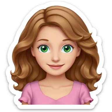 A woman has beige skin, wavy light brown hair, green-blu eyes, she wears pink dress  sticker