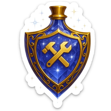 premium class crystal elixir bottle in shield shape, color #7986cb, with 🛠 symbol on the bottle, lots of shining, edges, ornaments, golden details, magical effects, very small golden neck, transparent background, beautiful, seamlessly merging bottom, bottle clearly floating in air, no base or shadow, very luxurious, modern, fits a collection sticker