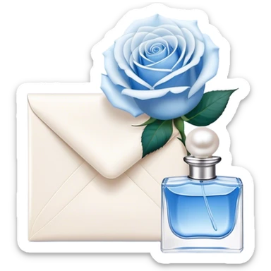 white-blue rose next to a pearl-colored envelope and a flacon of aesthetically pleasing perfume in powder blue  sticker