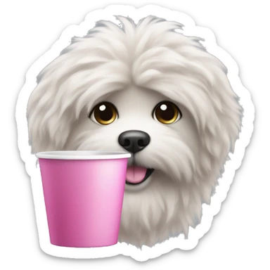 Fluffy dog with a pink cup sticker