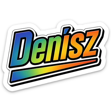 Denisz name in masculine, modern gradient font with precise Hungarian characters, dark outline, extra thick, prominent white letter border, dynamic slanted underline, rainbow gradient colors, 1000x1000 px, PNG, transparent background sticker