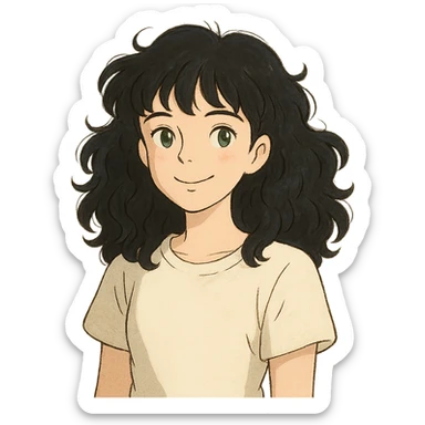 girl with thick dark black wavy curly hair almond green eyes pale skin smiling wearing white shirt sticker