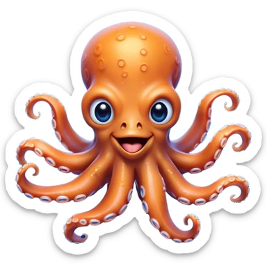 Cinematic Comical smirking Octopus Portrait Emoji, Head tilted dramatically with an exaggeratedly amused expression, featuring a rotund, light orange body festooned with bold blue rings and eight wildly expressive arms with comically animated suckers, Simplified yet hilariously expressive features, highly detailed, glowing with a slightly sassy underwater glow, high shine, dramatic yet playful, stylized with an air of quirky marine mischief, soft glowing outline, capturing the essence of a meme-worthy octopus that looks ready to squirt its way into viral fame! sticker