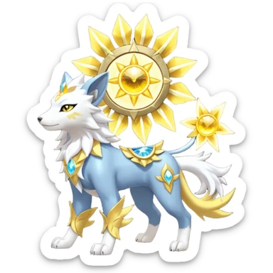 Solarpunk solar aesthetic shiny glowing divine lighting glimmering shimmering Amaura-Solgaleo-Luxray-Trico-fusion (full body) sticker