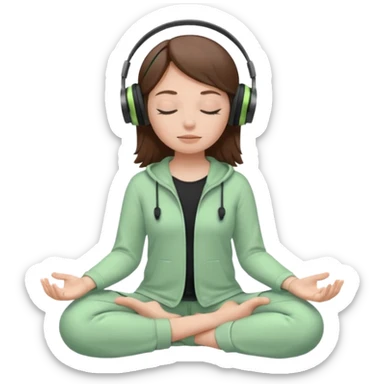 White girl, brown hair meditating with headphones on and black and pastel green clothes, eyes closed sticker
