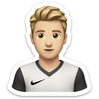 a white boy 15 years old, light brown hair and dark brown eyes, hair combed up, wearing a Nike shirt sticker