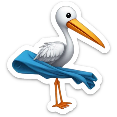  A stork is carrying a blue bundle of cloth in its beak that has a cute white baby face peeking out from it with black head sticker