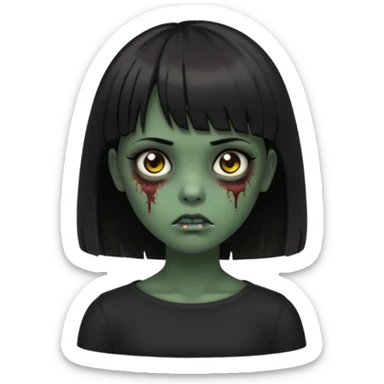 Zombie girl emoji verde escuro com cabelo curto liso preto no ombro e franja na altura da sobrancelha cobrindo completamente a testa, com uma blusa preta, olhos castanhos escuros sticker