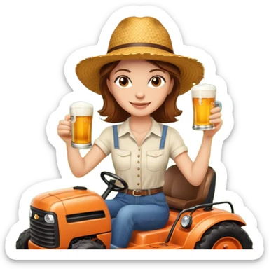 White woman with brown hair, without glasses wearing a straw hat, on old orange ride on lawn mower, holding a beer with one hand and holding the steering wheel with the other hand. Woman is smiling. Lawn mower brand is called “Westwood” sticker