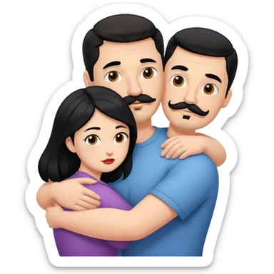 Tall strong white man with dark brown mustache goatee hugging a chubby short pale woman with long black hair sticker