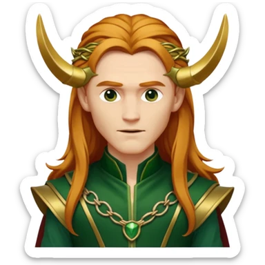 Loki, God of Mischief from Gods and Goddesses with long reddish blonde hair, gold and dark green outfit sticker