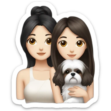 long black hair korean girl with shih tzu in white and brown sticker