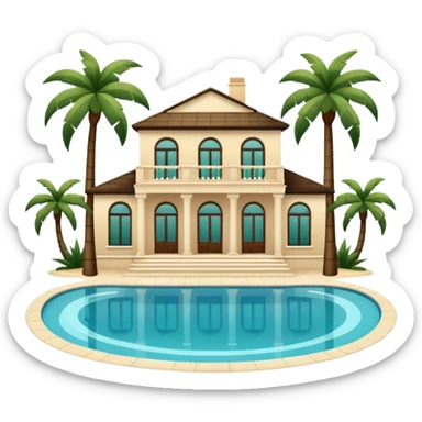 light beige luxury villa with dark green palm trees and swimming pool, front view, emoji style sticker