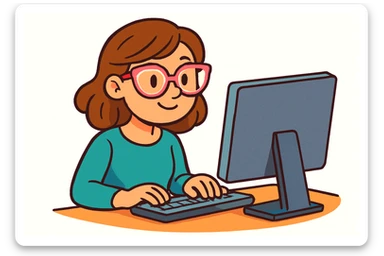 woman with light pink glasses working on computer, light skin, brown hair, colorful cartoon style, white background sticker