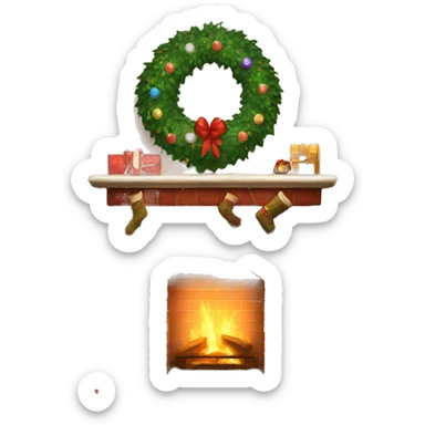 Brick Fireplace with wreath and Christmas lights and stockings sticker
