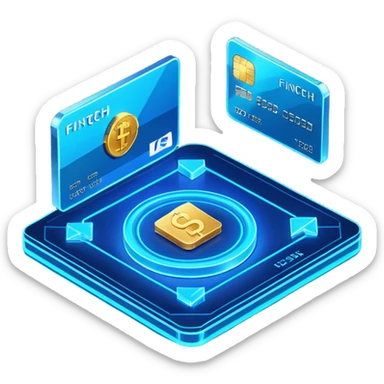 3D isometric fintech illustration, rotated to the left, neon blue lighting, instant crypto transfer, glowing coin, dynamic holographic arrows, metallic and glass textures, two isometric credit cards in the background, volumetric glass elements with realistic reflections sticker