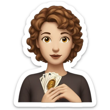White Woman, brown eyes, with short brown messy hair with tarot card in her hands sticker