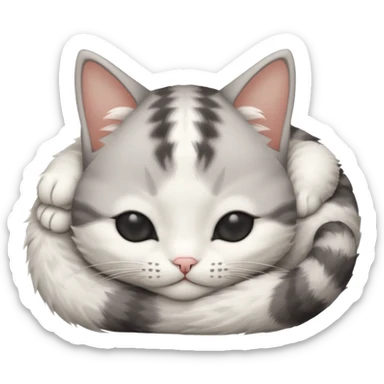 grey and white small cat with eyes closed lying down upside down tightly covering its own face sticker