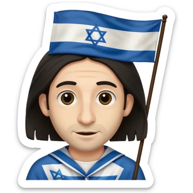 jewish jew man's face, wearing a tiny black kippah and 2 thin long hair strands near the ears, big nose, only face, no body, no mustache, holding israel flag sticker
