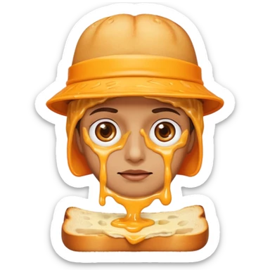 a toastie with melted cheese on the rim and an orange hat and two eyes in left  sticker