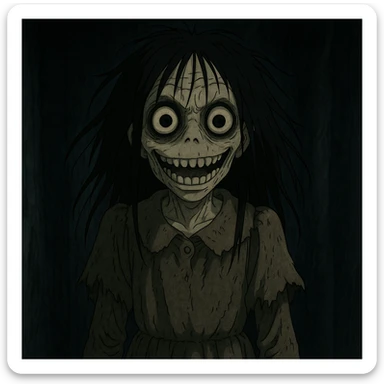 Make the creepy girl much scarier with more disturbing features and intensify the horror atmosphere in Ghibli style. sticker