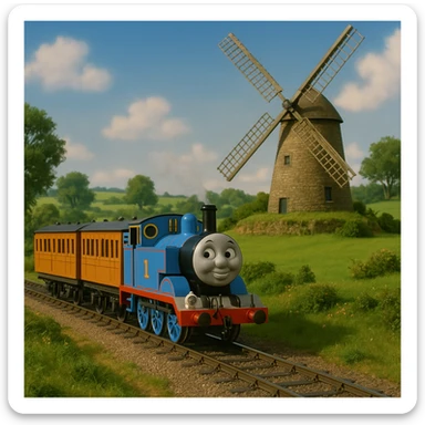 Thomas the Tank Engine pulling Annie and Clarabelle by the windmill on his branchline, in the style of the original TV show, blue engine with friendly face, two orange and cream coaches, classic British countryside, no text sticker