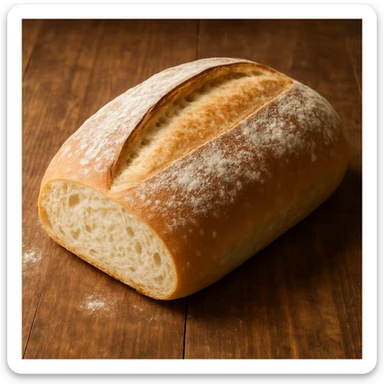 realistic Italian bakery style white bread, soft crust, fluffy interior, whole loaf with a dusting of flour sticker
