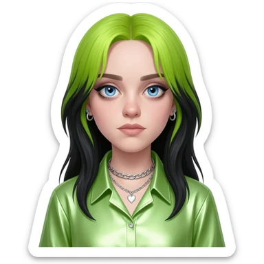 Billie Eilish with blue eyes, long lime green and black hair, light green metallic sweetheart shirt, silver necklace and short earrings sticker