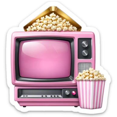 front view of transparent sparkly pink shiny CRT TV sitting on top of pink VCR, with pink/white rhinestone bucket of popcorn sitting next to it sticker