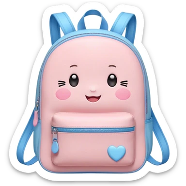 Cute Kawaii Backpack, round and chubby, soft pastel pink and blue, tiny heart-shaped zippers, blushing cheeks, a tiny smiling face, a happy school-time companion! sticker