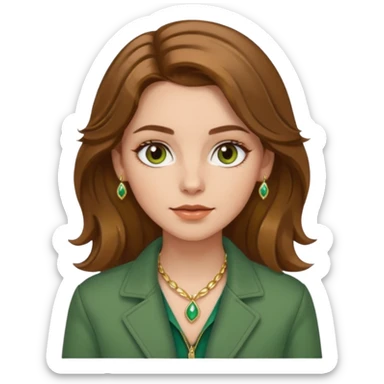 White girl with hazel Brown eyes Brown and slighly wavy medium hair. Make her with a green jacket and gold jewlery.  sticker