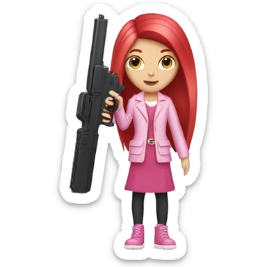 White Girl with dark long straight red hair and hand pink nails holding pink gun sticker