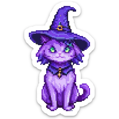 purple witch cat, pixel art style, full body, facing forward sticker