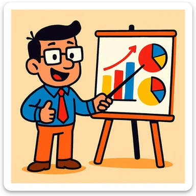 office worker presenting a chart, playful cartoon style sticker