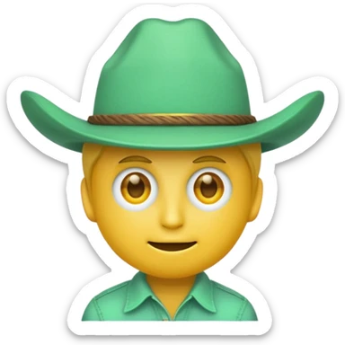 unisex yellow face emoji with a minty green cowboy hat, Bitcoin logo eyes, and '100x' on the hat, playful style sticker