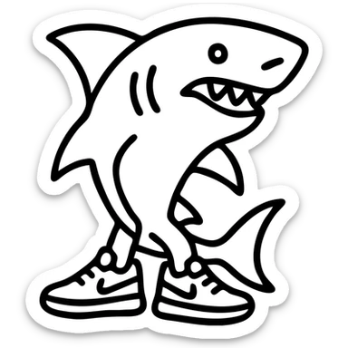 a cartoon shark with blue Nike sneakers, outlined icon style sticker