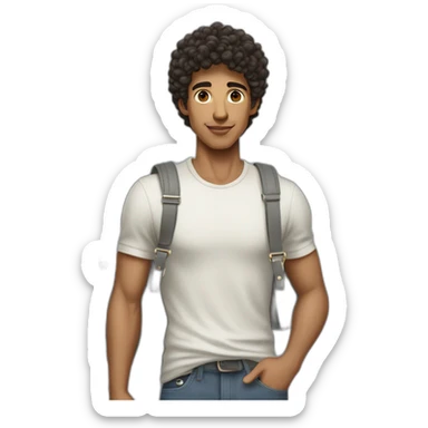 Handsome skinny latino with short curly hairs wearing a grey hermes Birkin bag sticker