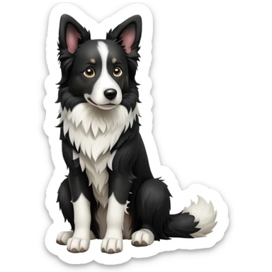 cinematic-[border collie dog]-realistic-full-body-sitting-emoji,-tail-resting-loosely-beside-its-paws,-head-tilted-dramatically,-scruffy-[black and white]-fur,-simplified-yet-realistic-focused-features,-highly-detailed,-glowing-with-an-almost-sarcastic-glow sticker