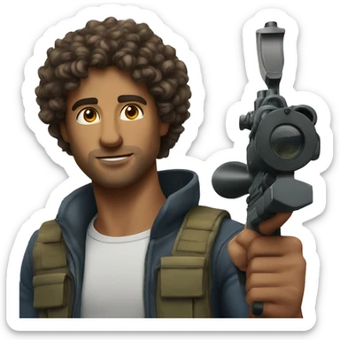 Handsome man with curly hair holding a sign that says sniper sticker
