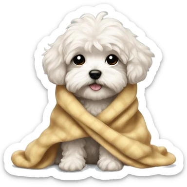 really sad crying maltipoo puppy in blanket cuddled up sticker