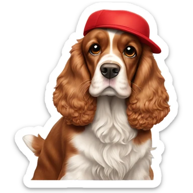 A full-length, adult, red cocker spaniel in a New Year's cap, siting sticker