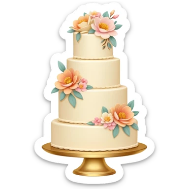 Romantic pastel wedding cake with warm-colored flowers on a gold plate sticker