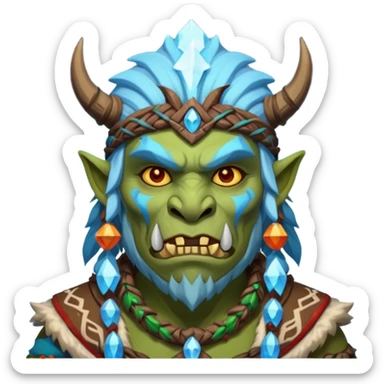 Fantasy Christmas orc shaman icon, ice spirit magic theme, glowing runes, winter tribal mask elements, mystical cold atmosphere, emoji sized portrait, male/female variant sticker