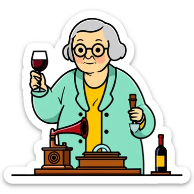 old lady with wineglass listening to gramophone sticker