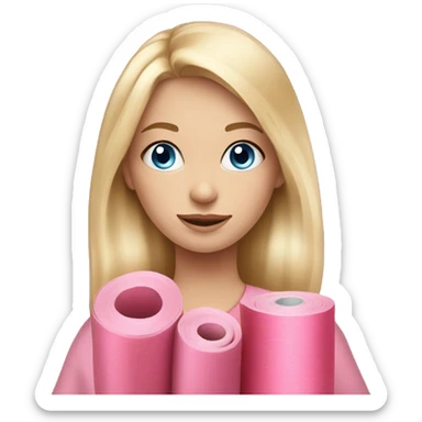 Blonde hair girl, in blue eyes holding pink fabric roll sticker